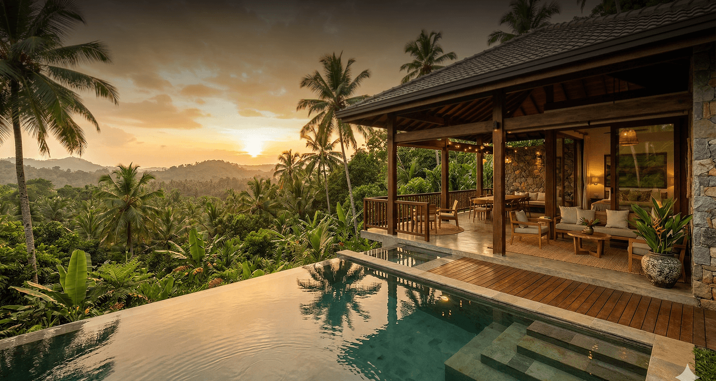 Premo Heritage Villa overlooking a lush tropical landscape