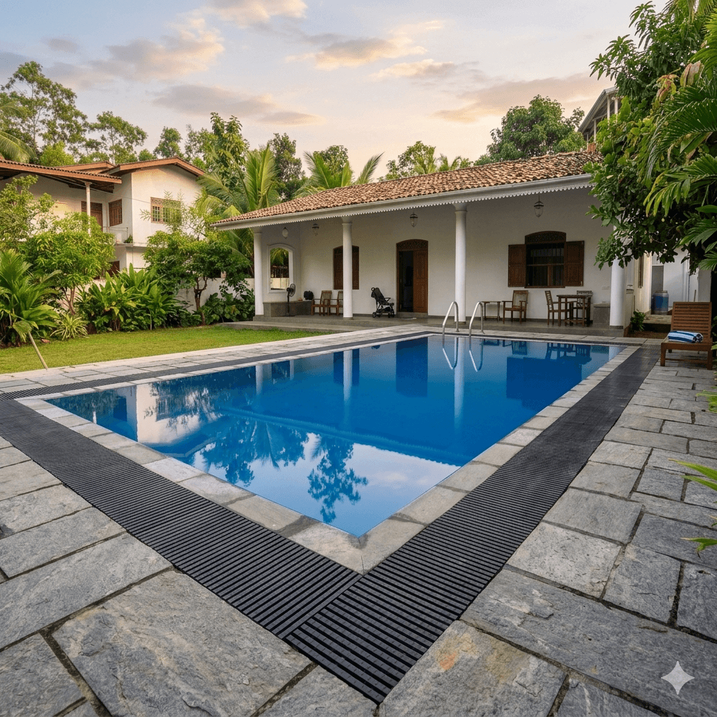 Villa view framed by warm evening light